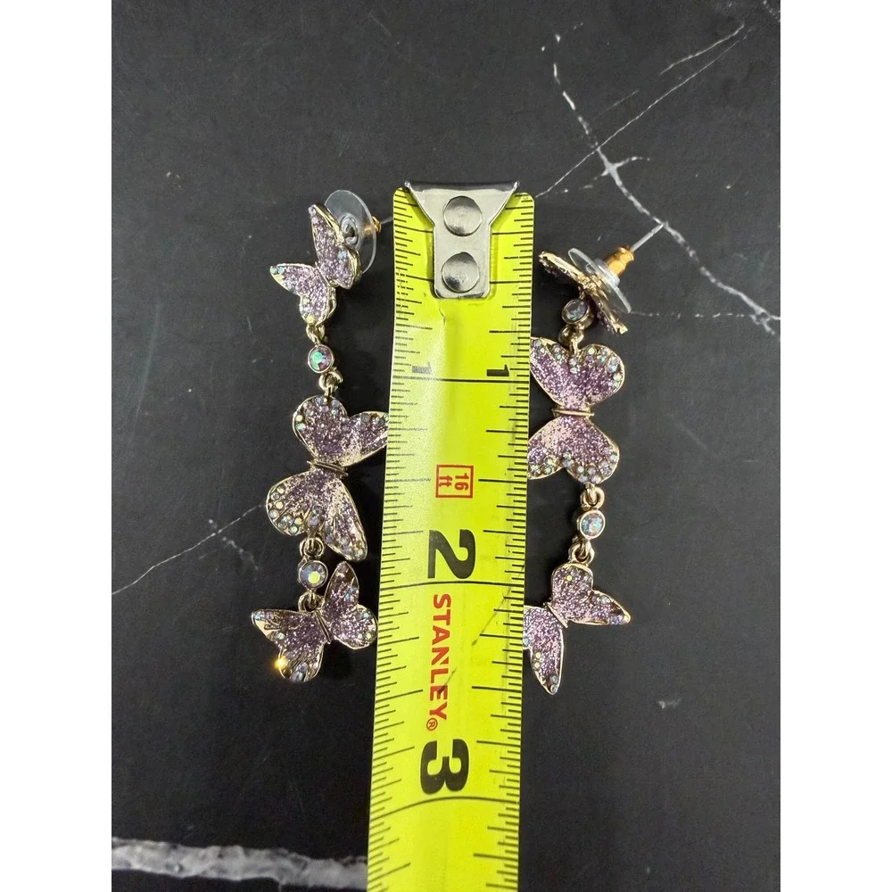 Betsey Johnson Purple Glitter Butterfly 2.5in Gold Tone Drop Earrings